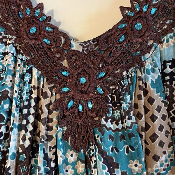 Dressbarn Tank Midi Shift Dress Brown Turquoise Paisley‎ Crochet NEW Sz 16W - Picture 3 of 13